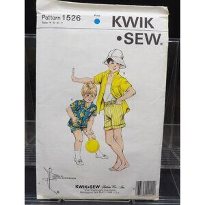 Kwik Sew Pattern #1526, Boys Shirt & Shorts, Sizes 4-5-6-7, @1986, Vintage, Open